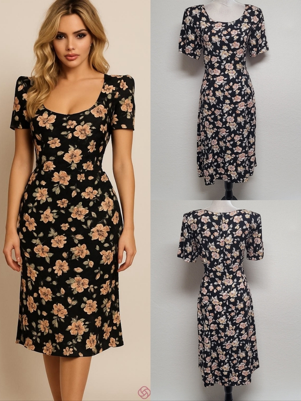 Passports by Pieri Imports Black Peach Ditsy Floral Shoulder Pad Midi Dress L